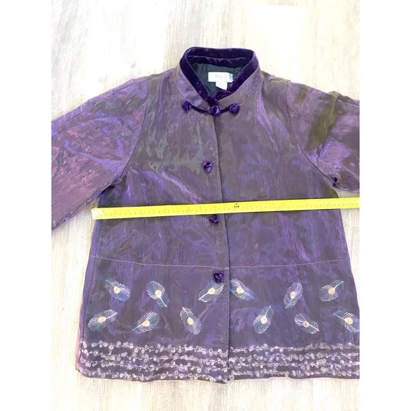 Vintage Anis USA Iridescent Peacock Jacket Kimono L Silk Top Boho Slow Phoebe - Picture 9 of 12